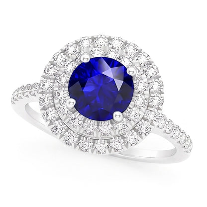 Natural Earth Mined Diamond Round Blue Sapphire Ring Double Halo 4 Carats Women's Gold 14K