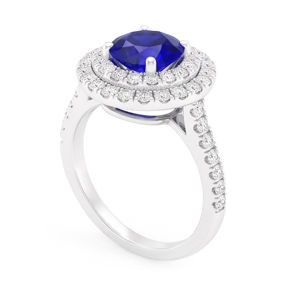 Natural Earth Mined Diamond Round Blue Sapphire Ring Double Halo 4 Carats Women's Gold 14K