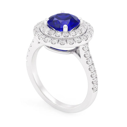 Natural Earth Mined Diamond Round Blue Sapphire Ring Double Halo 4 Carats Women's Gold 14K