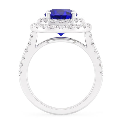 Natural Earth Mined Diamond Round Blue Sapphire Ring Double Halo 4 Carats Women's Gold 14K