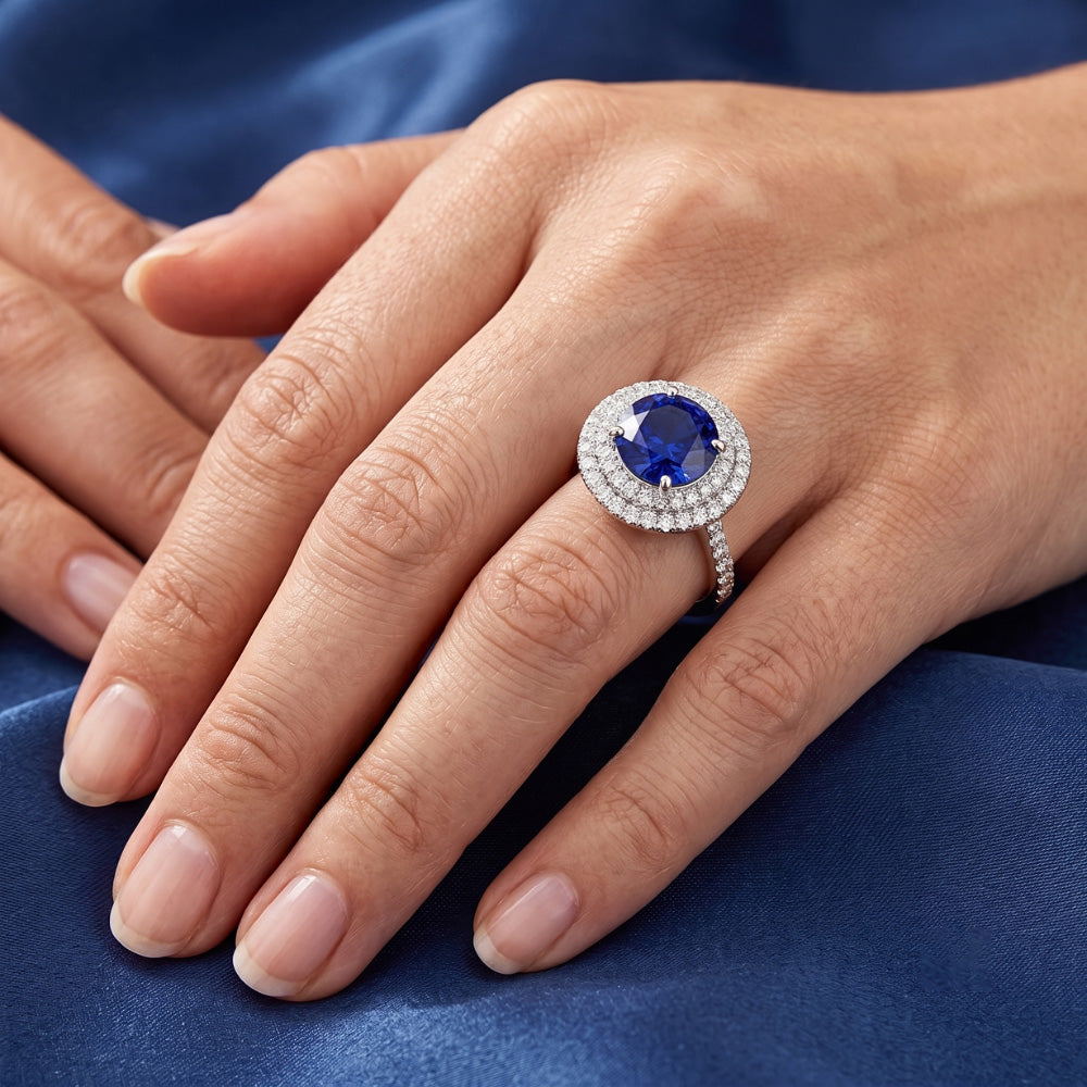 Natural Earth Mined Diamond Round Blue Sapphire Ring Double Halo 4 Carats Women's Gold 14K