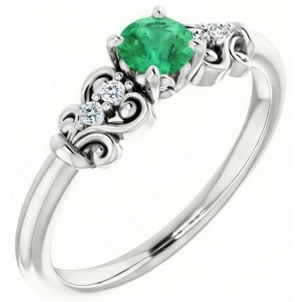 Natural Earth Mined Diamond Round Green Emerald GIA Ring 1.40 Carats White Gold 14K Jewelry