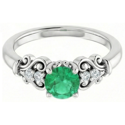 Natural Earth Mined Diamond Round Green Emerald GIA Ring 1.40 Carats White Gold 14K Jewelry