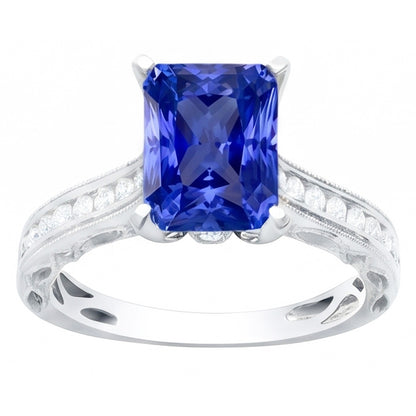 Natural Earth Mined Diamond Sapphire Ring With Accents 4 Carats Milgrain Shank Channel Set