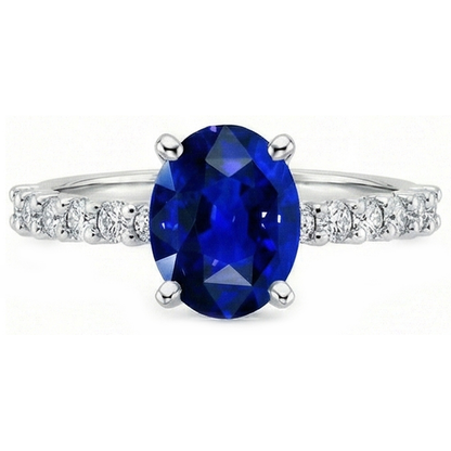 Natural Earth Mined Diamond Solitaire Oval Srilanka Sapphire Ring With Accents 4.50 Carats
