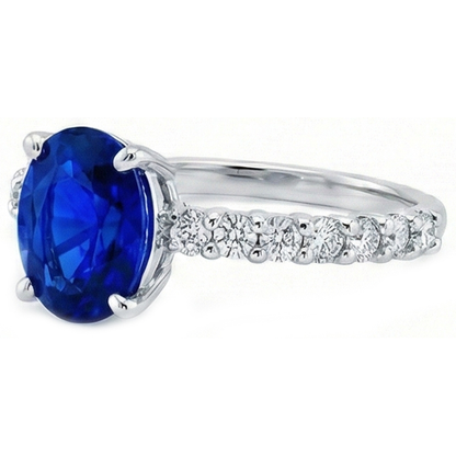 Natural Earth Mined Diamond Solitaire Oval Srilanka Sapphire Ring With Accents 4.50 Carats