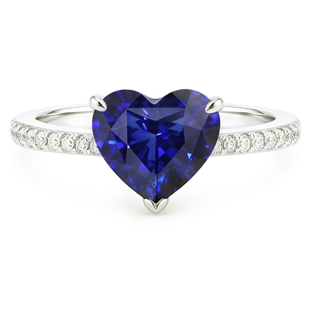 Natural Earth Mined Diamond Solitaire Ring Accents Heart Sri Lankan Sapphire 3 Carats