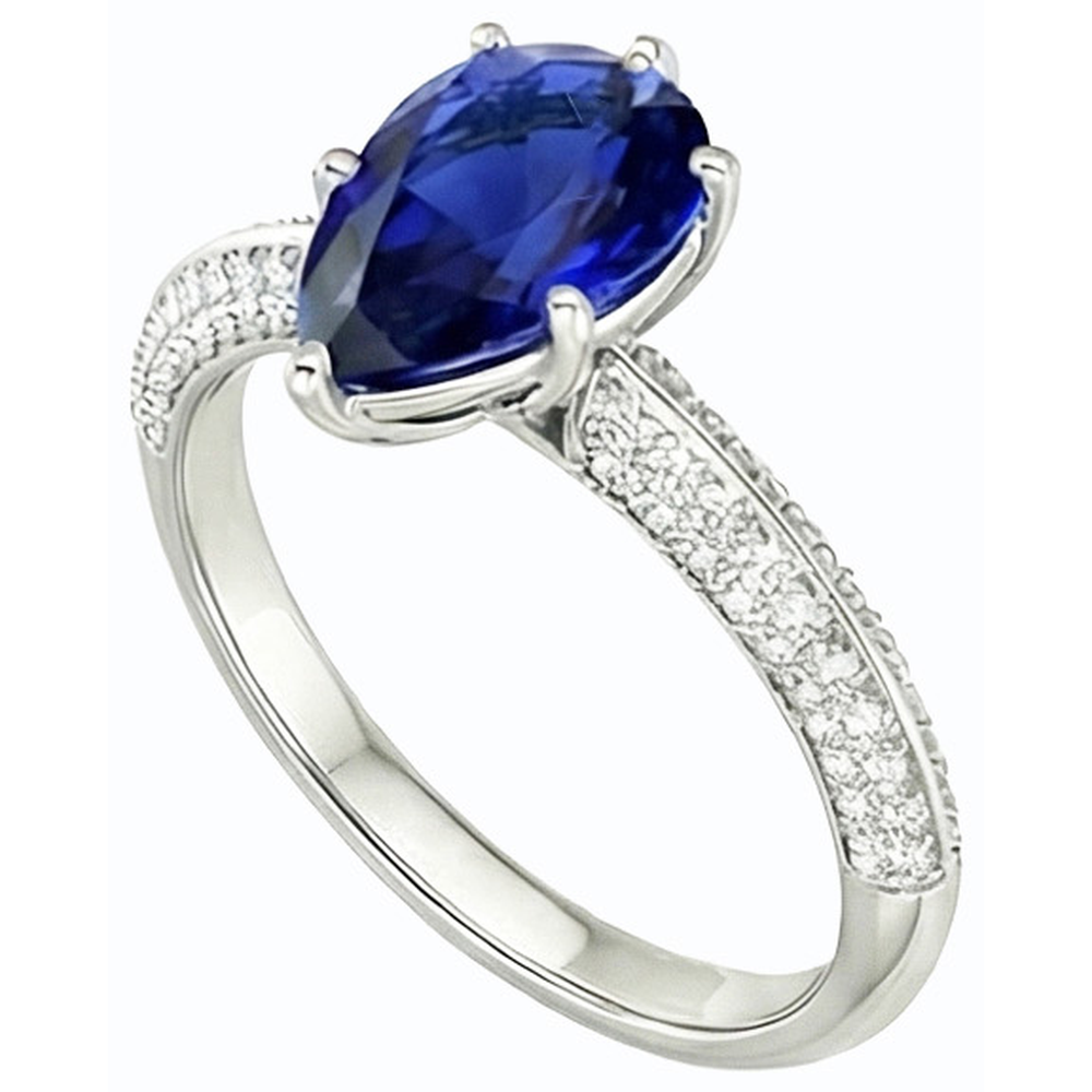 Natural Earth Mined Diamond Solitaire Ring Accents Pear Sri Lankan Sapphire 3 Carats