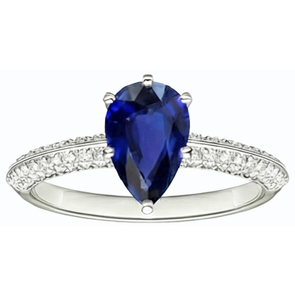 Natural Earth Mined Diamond Solitaire Ring Accents Pear Sri Lankan Sapphire 3 Carats