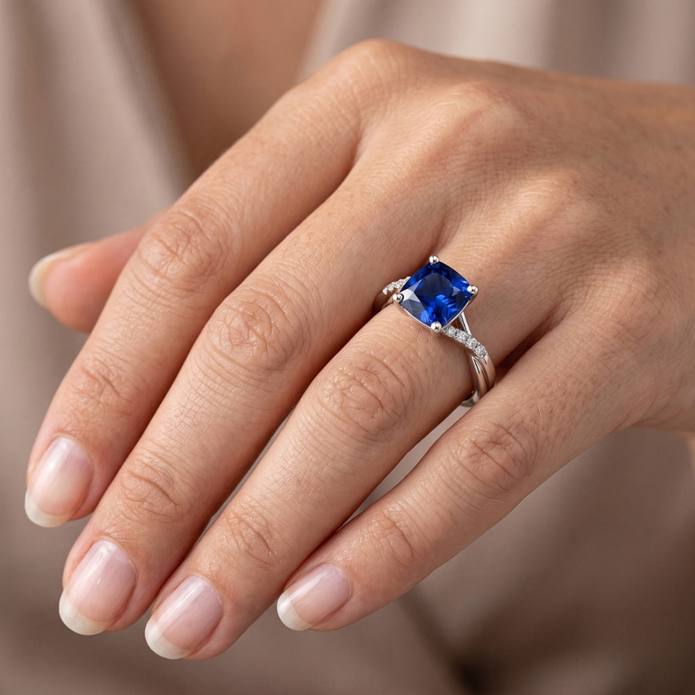 Natural Earth Mined Diamond Solitaire Ring Cushion Blue Sapphire With Accents 2.50 Carats