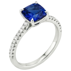 Natural Earth Mined Diamond Solitaire Ring Cushion Blue Sapphire With Accents 3.25 Carats