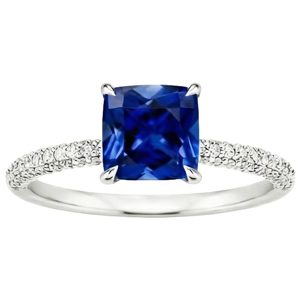 Natural Earth Mined Diamond Solitaire Ring Cushion Blue Sapphire With Accents 3.25 Carats