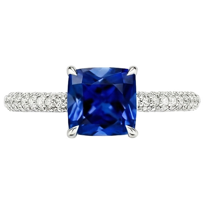 Natural Earth Mined Diamond Solitaire Ring Cushion Blue Sapphire With Accents 3.25 Carats