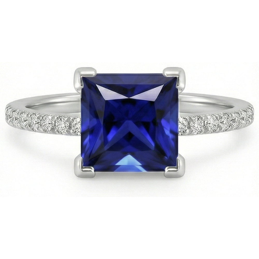 Natural Earth Mined Diamond Solitaire Ring Princess Blue Sapphire With Accents 5.50 Carats