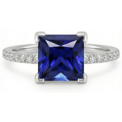 Natural Earth Mined Diamond Solitaire Ring Princess Blue Sapphire With Accents 5.50 Carats