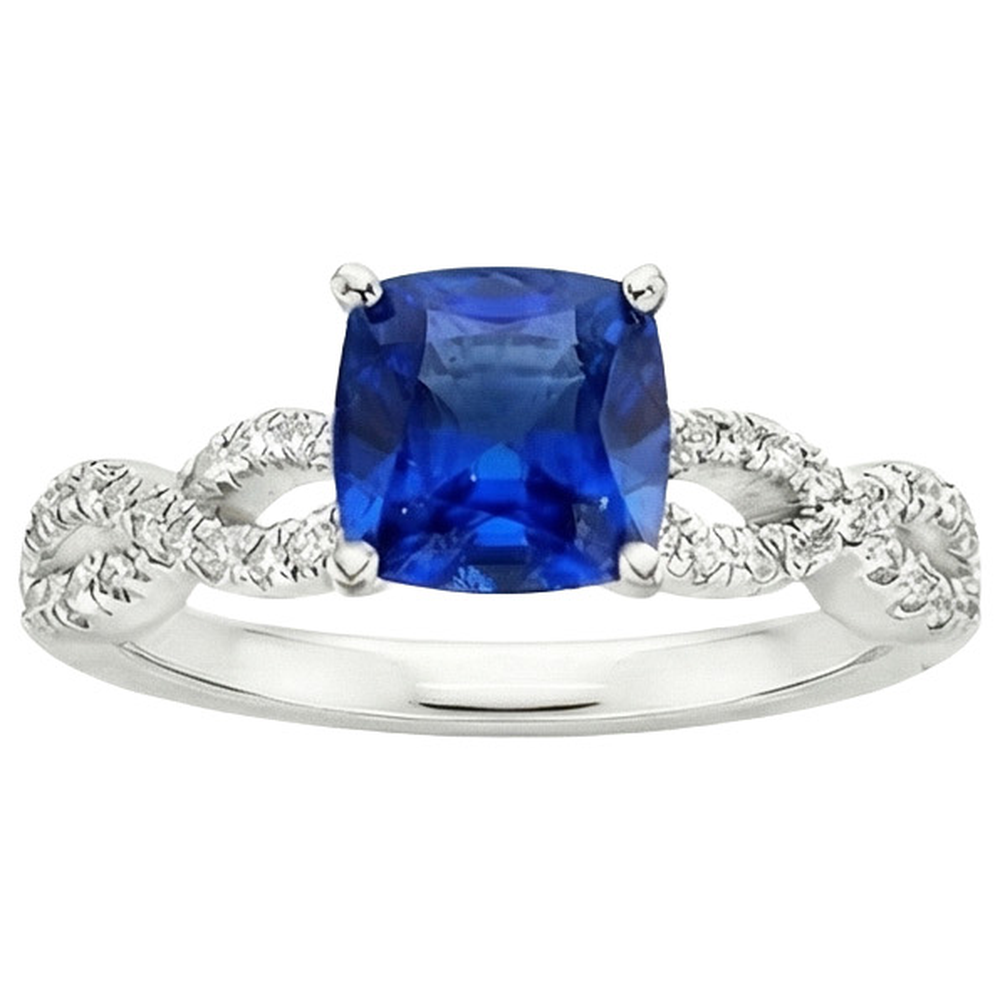 Natural Earth Mined Diamond Solitaire Ring With Accents 2.75 Carats Cushion Blue Sapphire