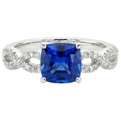 Natural Earth Mined Diamond Solitaire Ring With Accents 2.75 Carats Cushion Blue Sapphire