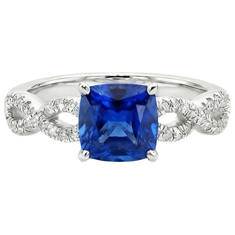 Natural Earth Mined Diamond Solitaire Ring With Accents 2.75 Carats Cushion Blue Sapphire