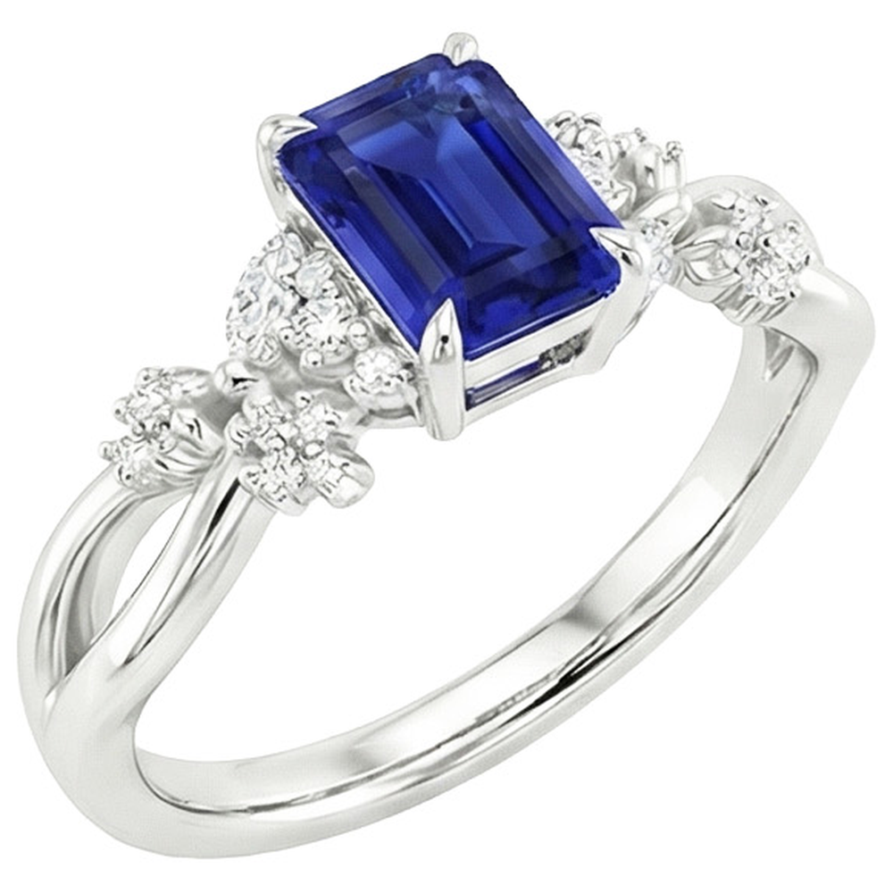 Natural Earth Mined Diamond Solitaire Ring with Accents Emerald Blue Sapphire 4 Carats