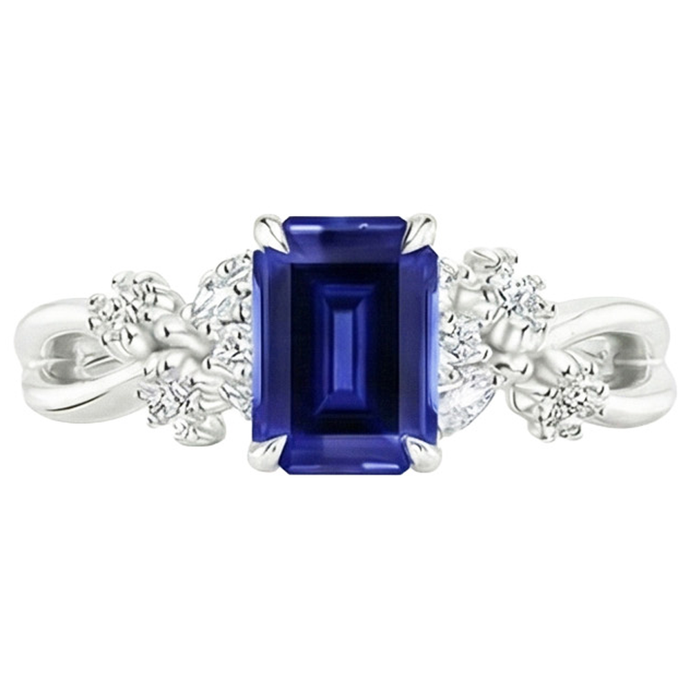 Natural Earth Mined Diamond Solitaire Ring with Accents Emerald Blue Sapphire 4 Carats