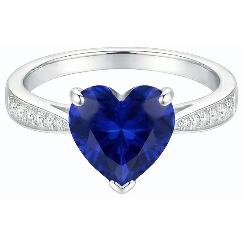 Natural Earth Mined Diamond Solitaire With Accents Heart Ceylon Sapphire Ring 3.50 Carats