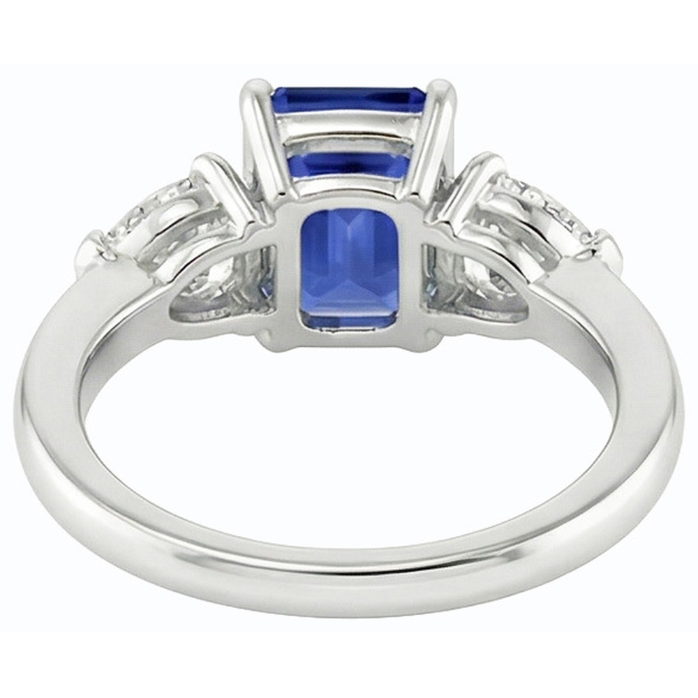 Natural Earth Mined Diamond Three Stone Emerald Shaped Ring Deep Blue Sapphire 2.50 Carats