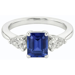 Natural Earth Mined Diamond Three Stone Emerald Shaped Ring Deep Blue Sapphire 2.50 Carats