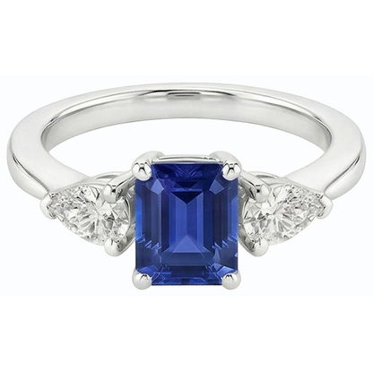 Natural Earth Mined Diamond Three Stone Emerald Shaped Ring Deep Blue Sapphire 2.50 Carats