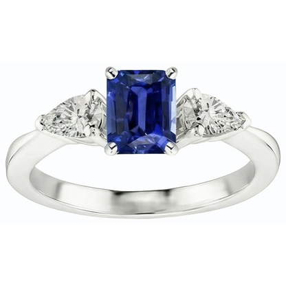 Natural Earth Mined Diamond Three Stone Emerald Shaped Ring Deep Blue Sapphire 2.50 Carats