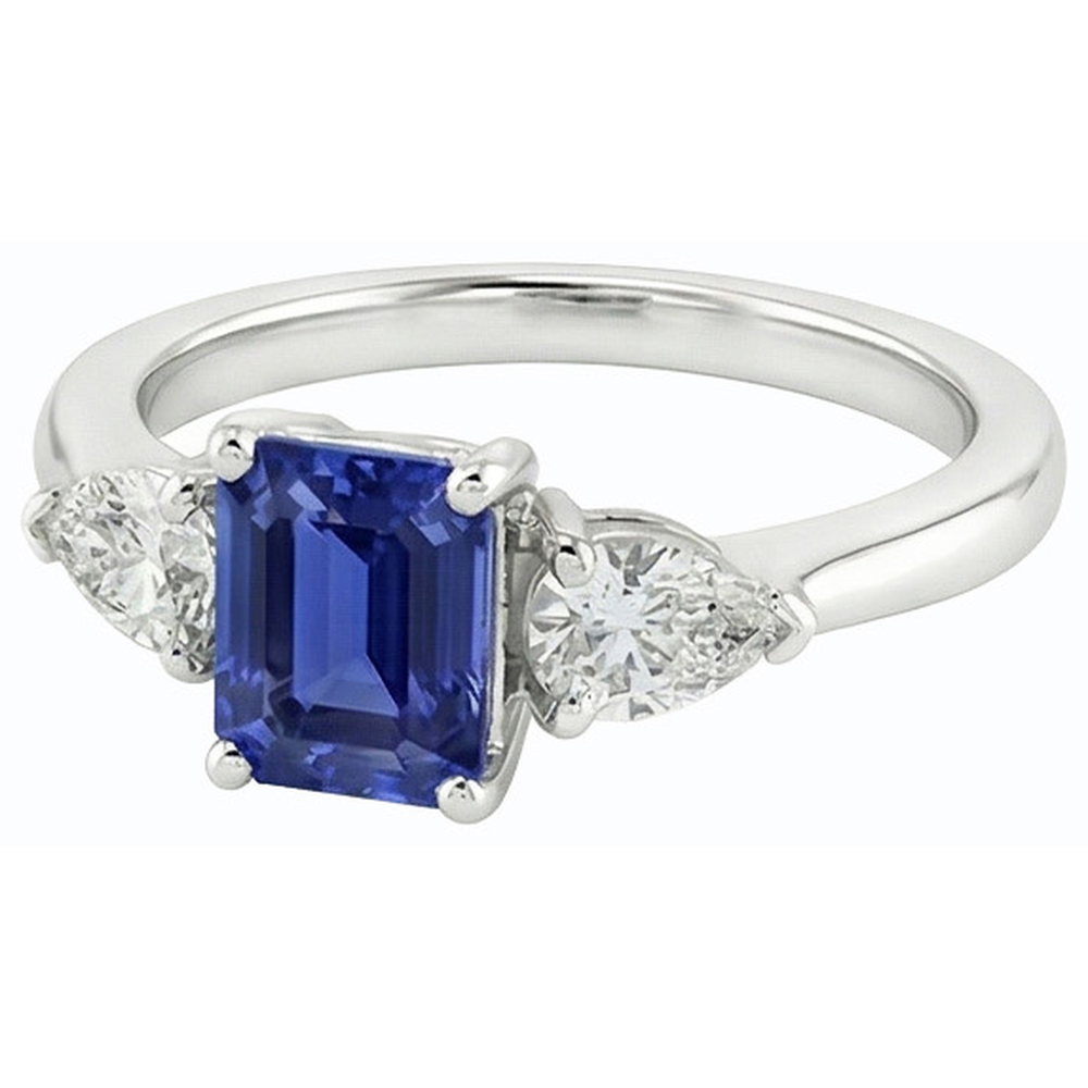 Natural Earth Mined Diamond Three Stone Emerald Shaped Ring Deep Blue Sapphire 2.50 Carats