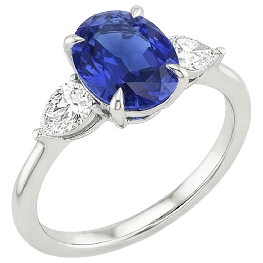Natural Earth Mined Diamond Three Stone Ring Oval Cut Ceylon Sapphire 3.50 Carats