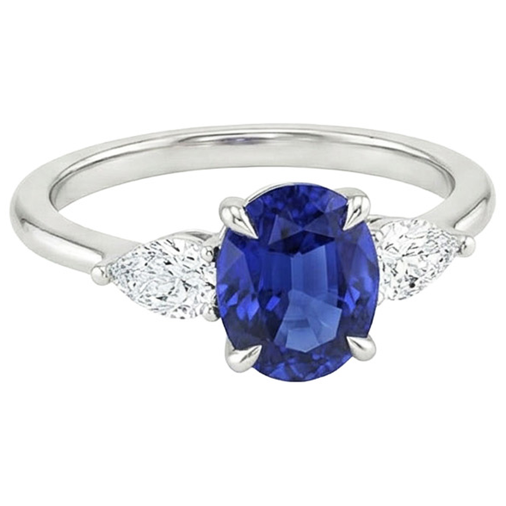 Natural Earth Mined Diamond Three Stone Ring Oval Cut Ceylon Sapphire 3.50 Carats