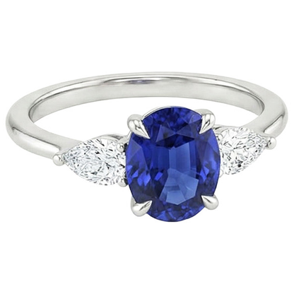 Natural Earth Mined Diamond Three Stone Ring Oval Cut Ceylon Sapphire 3.50 Carats