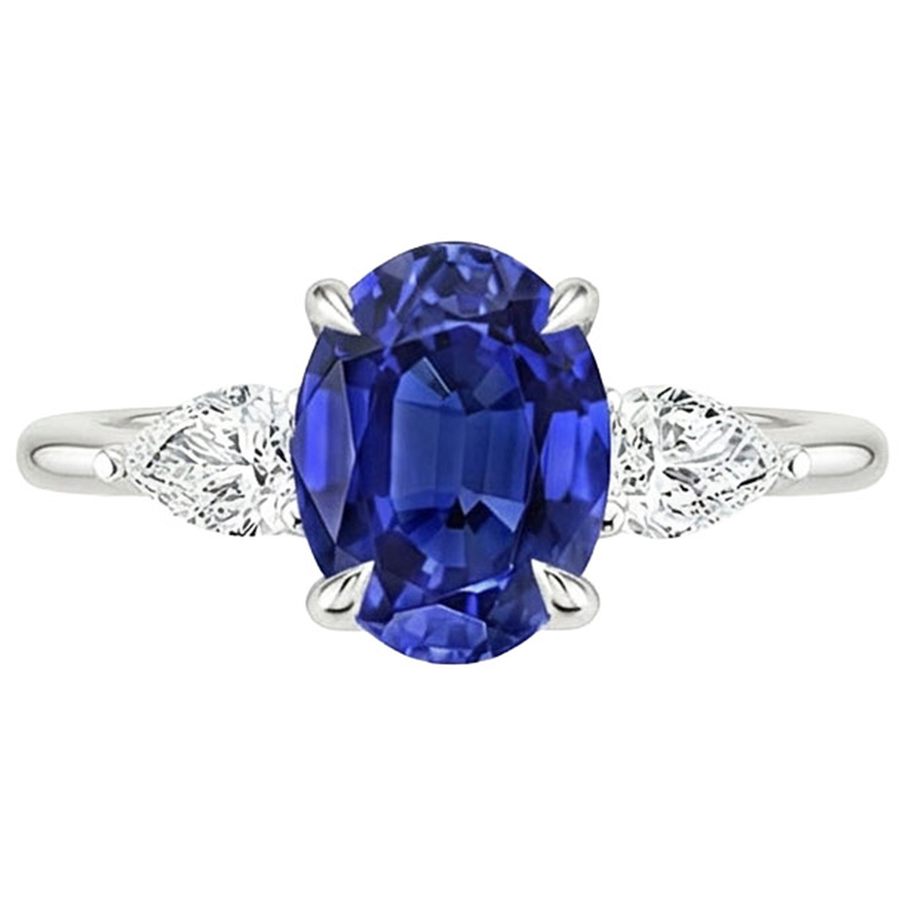 Natural Earth Mined Diamond Three Stone Ring Oval Cut Ceylon Sapphire 3.50 Carats
