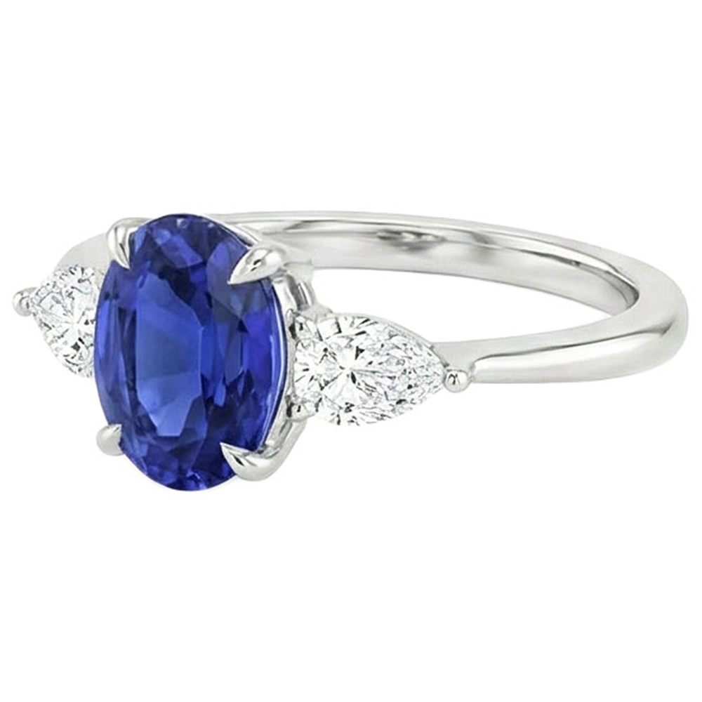 Natural Earth Mined Diamond Three Stone Ring Oval Cut Ceylon Sapphire 3.50 Carats