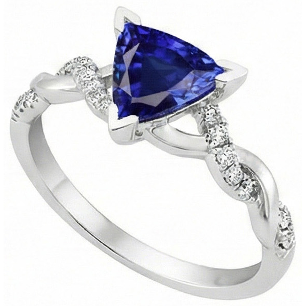 Natural Earth Mined Diamond Trillion V Prong Blue Sapphire Ring 2 Carats Twisted Style