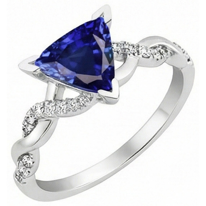 Natural Earth Mined Diamond Trillion V Prong Blue Sapphire Ring 2 Carats Twisted Style