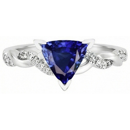 Natural Earth Mined Diamond Trillion V Prong Blue Sapphire Ring 2 Carats Twisted Style