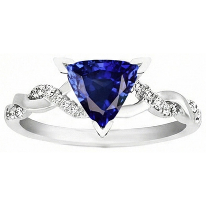 Natural Earth Mined Diamond Trillion V Prong Blue Sapphire Ring 2 Carats Twisted Style