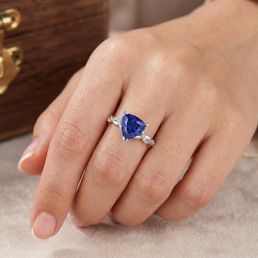 Natural Earth Mined Diamond Trillion V Prong Blue Sapphire Ring 2 Carats Twisted Style