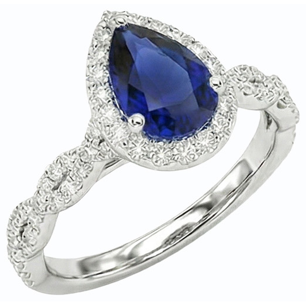 Natural Earth Mined Diamond Wedding Halo Ring Pear Shaped Sri Lankan Sapphire 4 Carats
