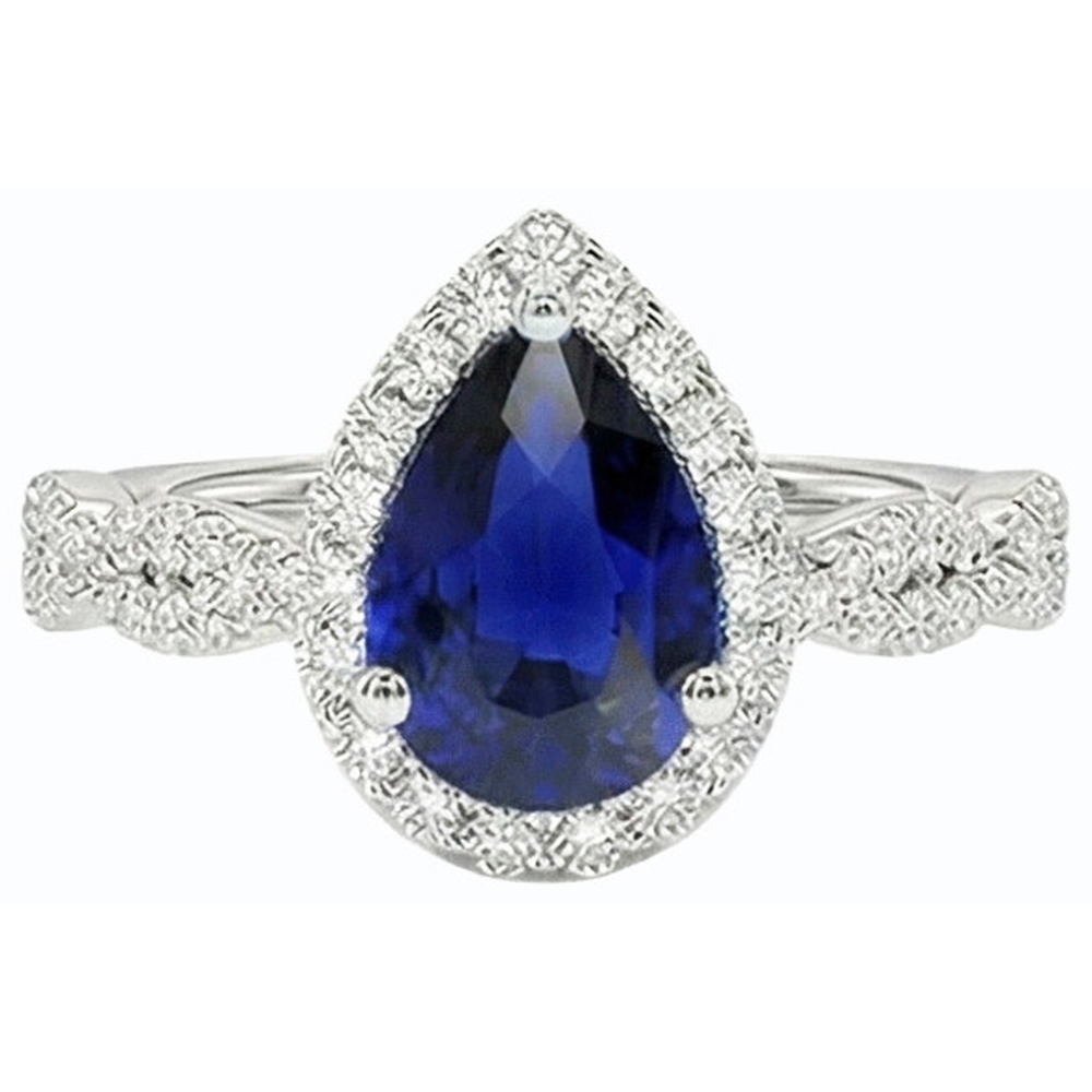 Natural Earth Mined Diamond Wedding Halo Ring Pear Shaped Sri Lankan Sapphire 4 Carats