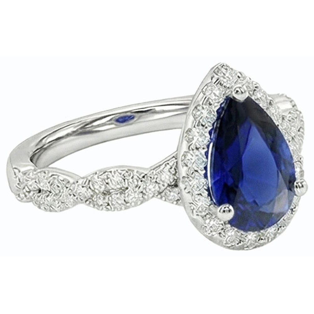 Natural Earth Mined Diamond Wedding Halo Ring Pear Shaped Sri Lankan Sapphire 4 Carats