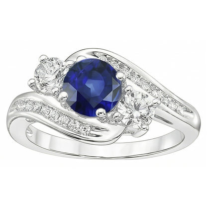 Natural Earth Mined Diamond Wedding Jewelry 2 Carat Round Ceylon Sapphire Ring