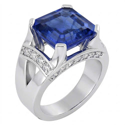 Natural Earth Mined Diamond Wedding Ring Asscher Blue Sapphire Gold V Split Shank 3 Carats