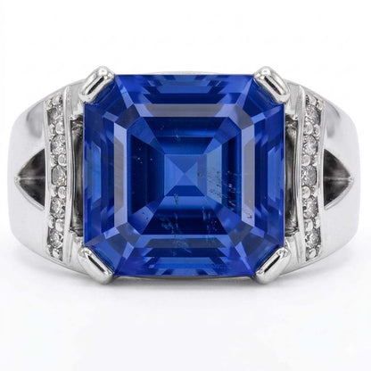 Natural Earth Mined Diamond Wedding Ring Asscher Blue Sapphire Gold V Split Shank 3 Carats