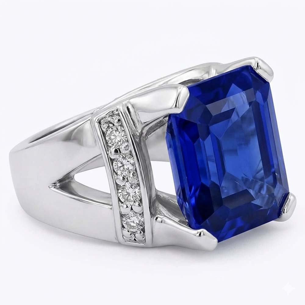 Natural Earth Mined Diamond Wedding Ring Asscher Blue Sapphire Gold V Split Shank 3 Carats