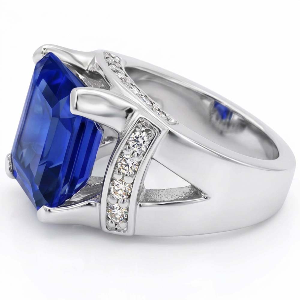 Natural Earth Mined Diamond Wedding Ring Asscher Blue Sapphire Gold V Split Shank 3 Carats