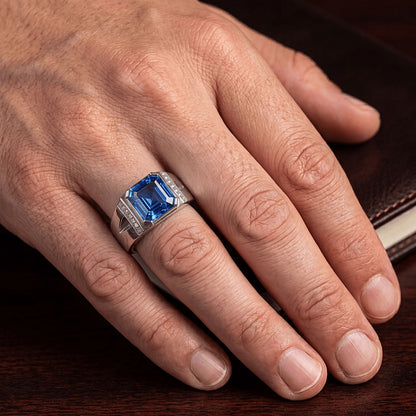 Natural Earth Mined Diamond Wedding Ring Asscher Blue Sapphire Gold V Split Shank 3 Carats