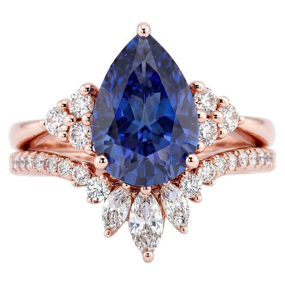 Natural Earth Mined Diamond Wedding Ring Set Blue Sapphire Marquise & Round 4 Carats
